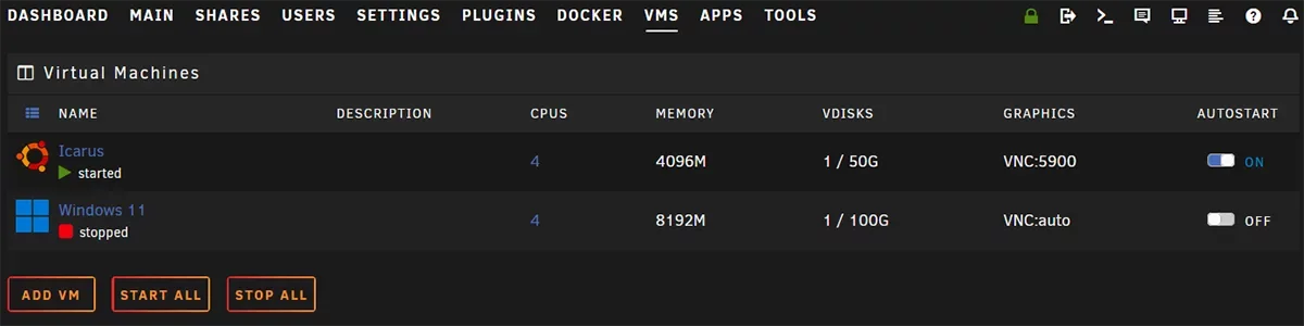 Unraid Virtual Machines