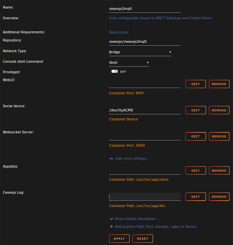 Default Docker Settings - ZWavejs2mqtt