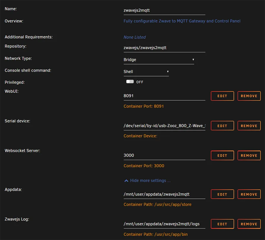 ZWavejs2mqtt Docker Settings